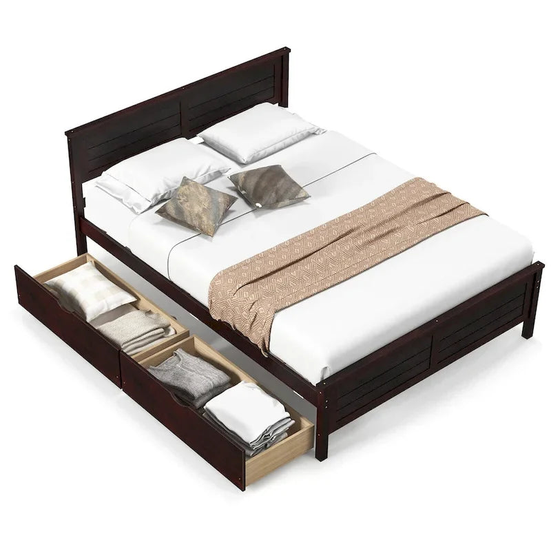 Full Size Wooden Bed Frame with 2 Storage Drawers & Under-bed