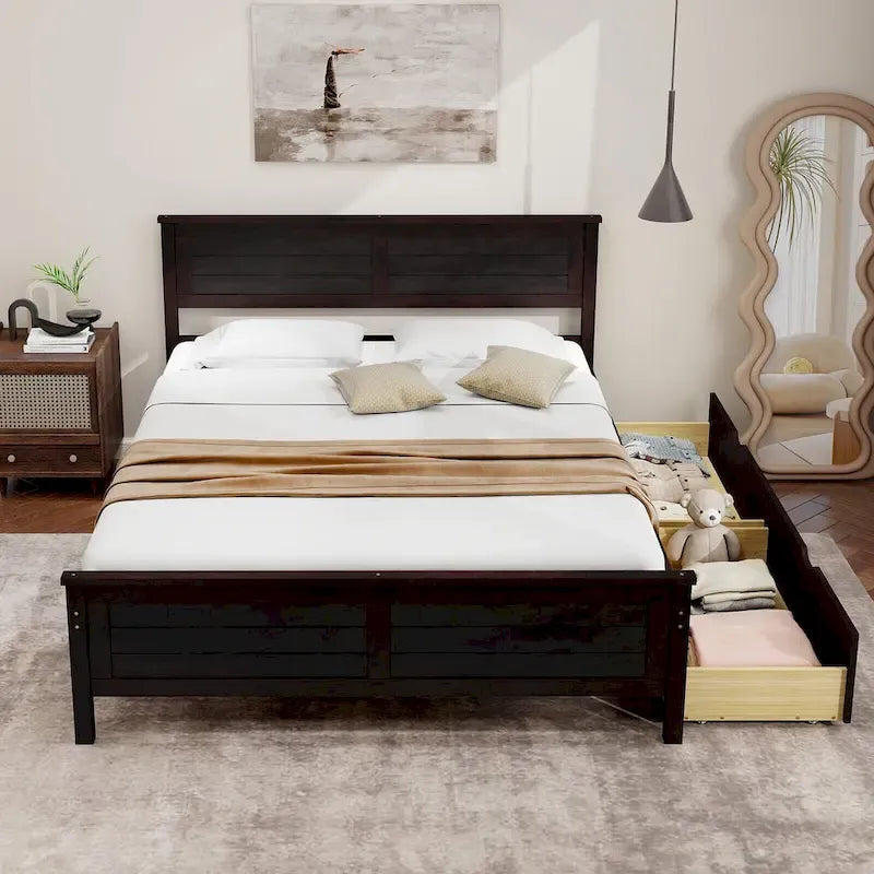 Full Size Wooden Bed Frame with 2 Storage Drawers & Under-bed