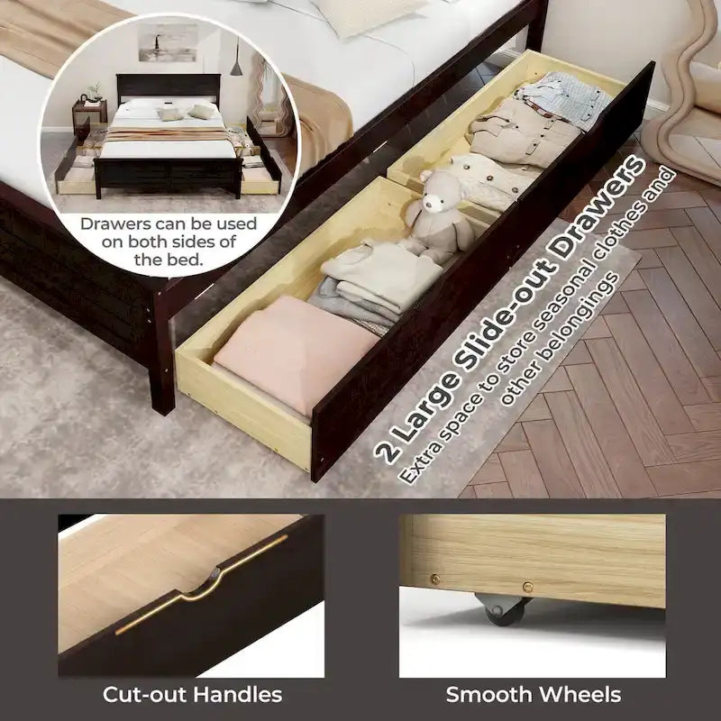 Full Size Wooden Bed Frame with 2 Storage Drawers & Under-bed