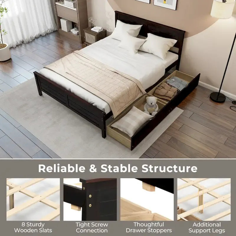 Full Size Wooden Bed Frame with 2 Storage Drawers & Under-bed