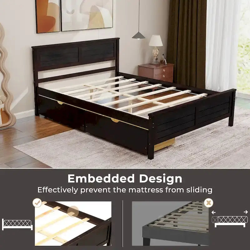 Full Size Wooden Bed Frame with 2 Storage Drawers & Under-bed