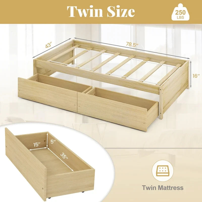 Twin Size Captain Bed w/ 2 Drawers Slats Support Twin Daybed