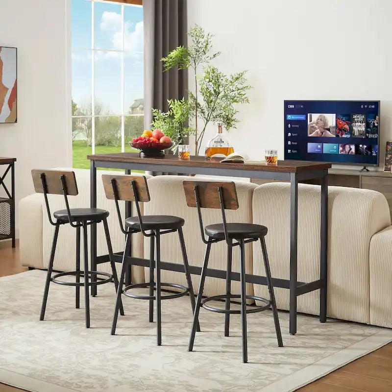 Rustic-Style Rectangular Dining Table with PU Leather Bar Stools