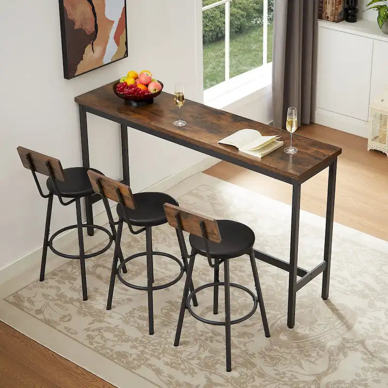 Rustic-Style Rectangular Dining Table with PU Leather Bar Stools