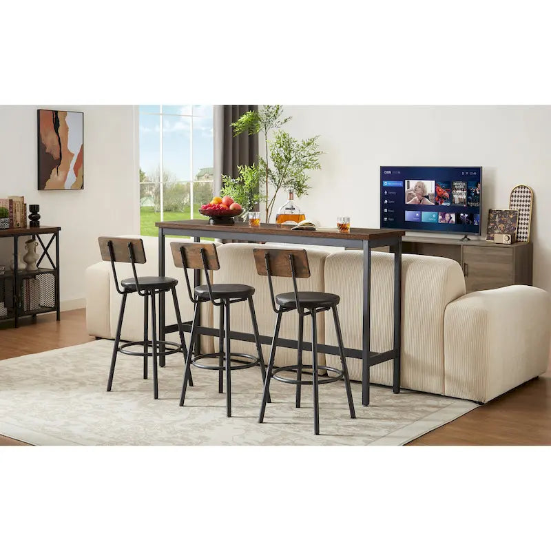 Rustic-Style Rectangular Dining Table with PU Leather Bar Stools