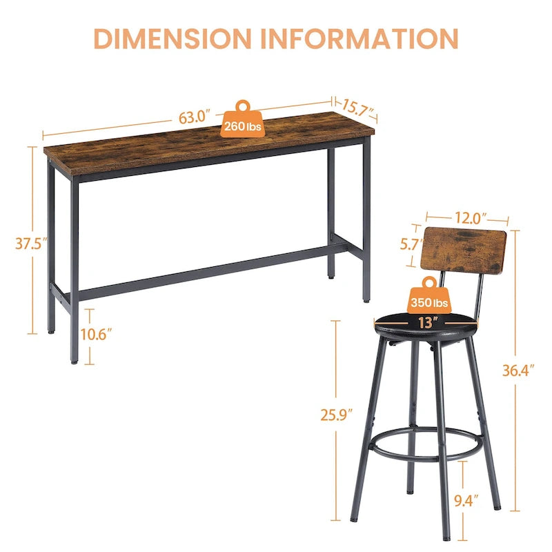 Rustic-Style Rectangular Dining Table with PU Leather Bar Stools