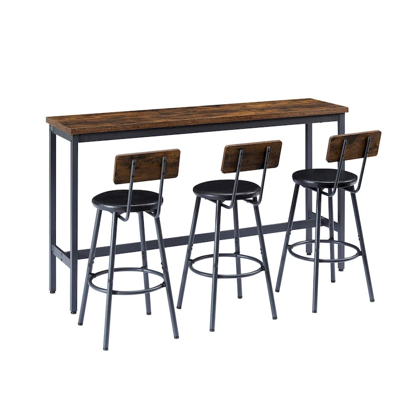 Rustic-Style Rectangular Dining Table with PU Leather Bar Stools