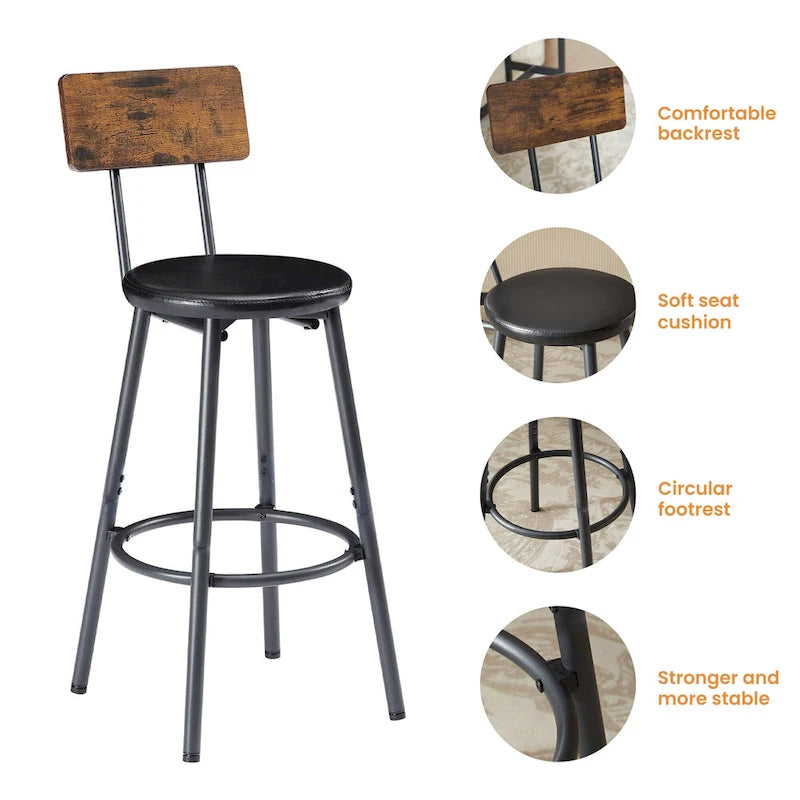 Rustic-Style Rectangular Dining Table with PU Leather Bar Stools