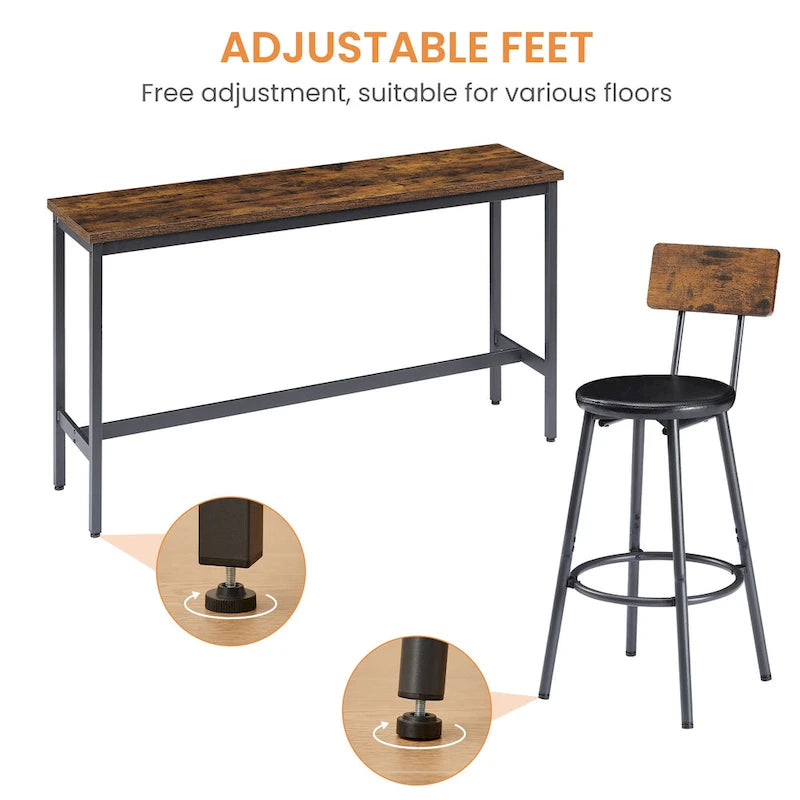 Rustic-Style Rectangular Dining Table with PU Leather Bar Stools