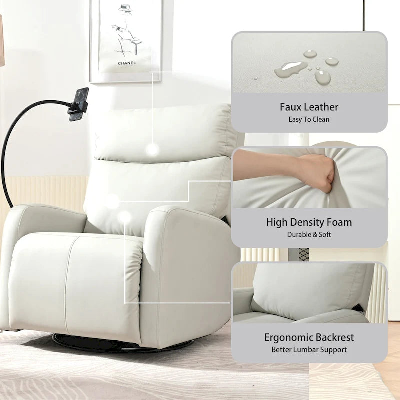 Grey Power Recliner with Swivel, USB Ports & Adjustable Footrest