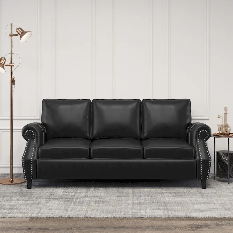 Black Modern 80  Faux Leather 3-seater Sofa with Birch Wood Legs and Nailheads for Living Room