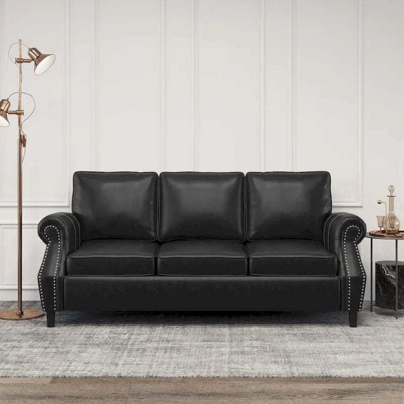 Black Modern 80  Faux Leather 3-seater Sofa with Birch Wood Legs and Nailheads for Living Room
