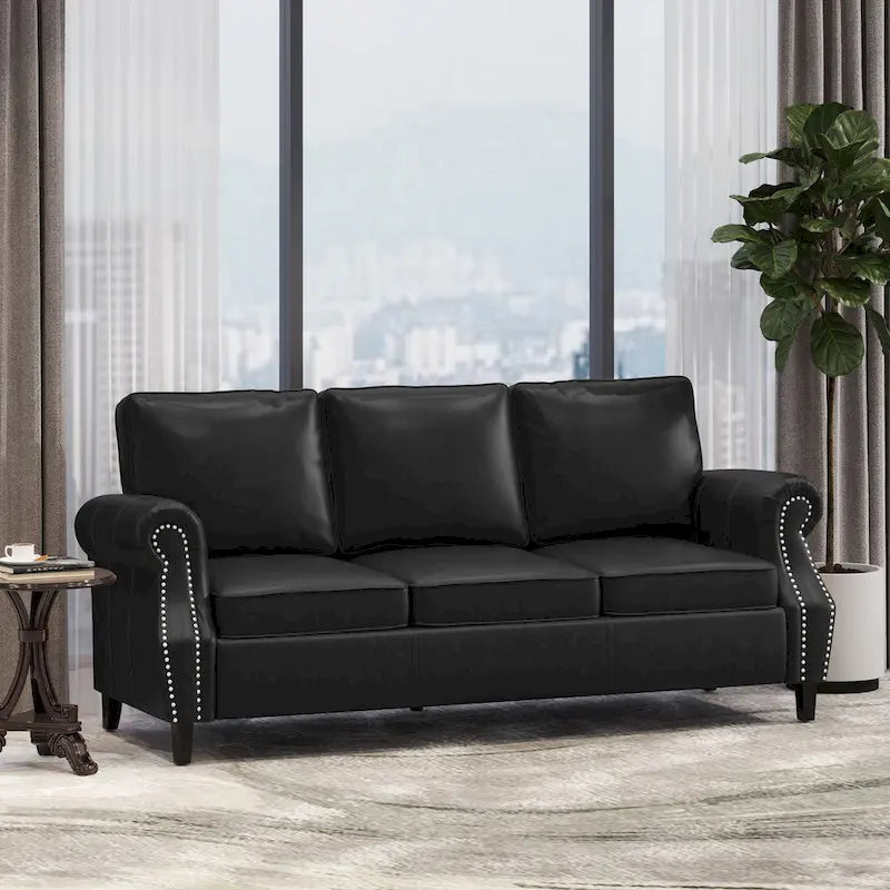 Black Modern 80  Faux Leather 3-seater Sofa with Birch Wood Legs and Nailheads for Living Room