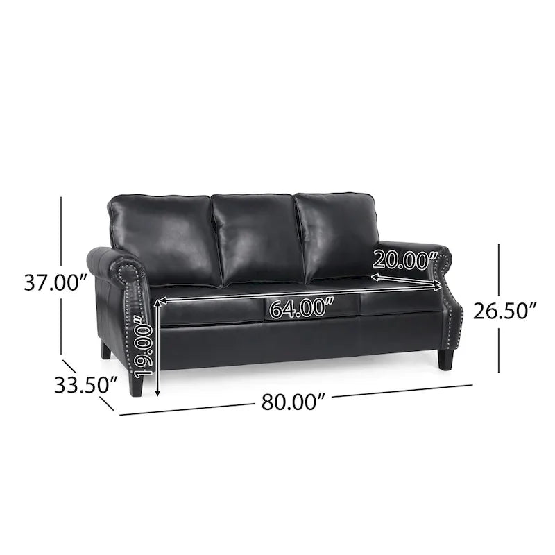 Black Modern 80  Faux Leather 3-seater Sofa with Birch Wood Legs and Nailheads for Living Room
