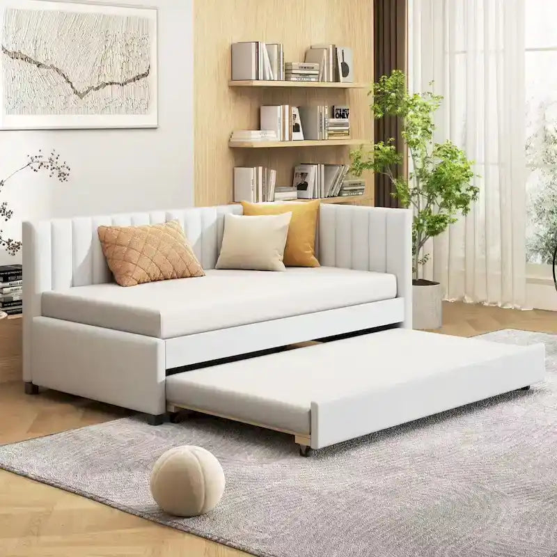 Twin Linen Daybed with Trundle and Semi-Closed Design