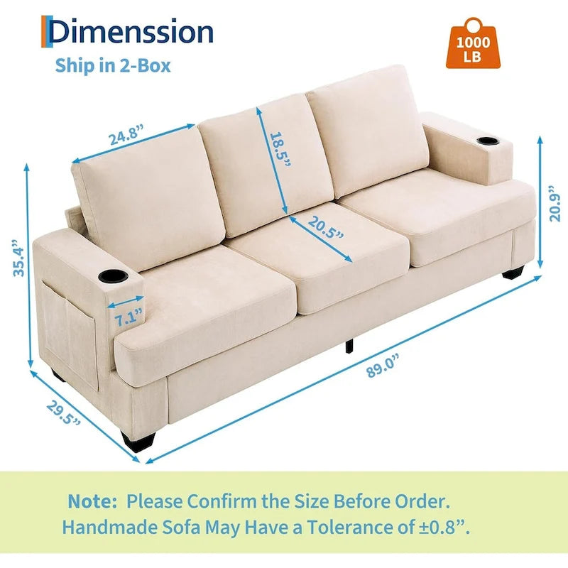 89  3-Seater Sofa, Deep Seat Sofa, Modern Comfy Couches for Living Room with Cup Holders