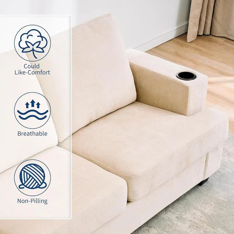 89  3-Seater Sofa, Deep Seat Sofa, Modern Comfy Couches for Living Room with Cup Holders