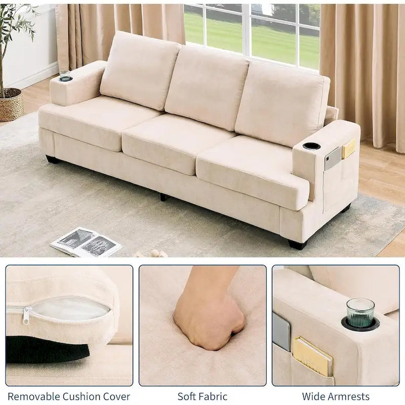 89  3-Seater Sofa, Deep Seat Sofa, Modern Comfy Couches for Living Room with Cup Holders