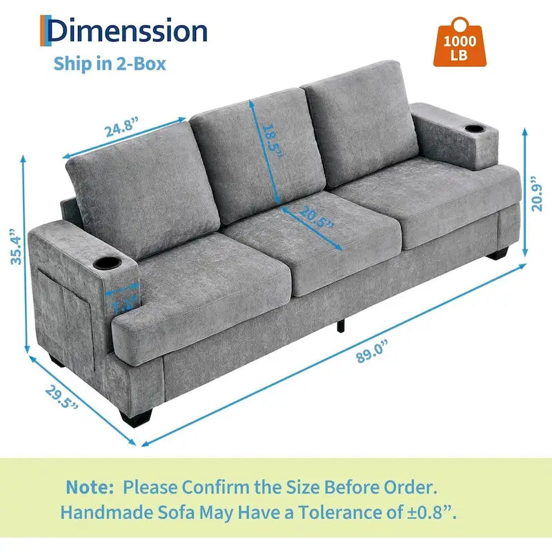 89  3-Seater Sofa, Deep Seat Sofa, Modern Comfy Couches for Living Room with Cup Holders