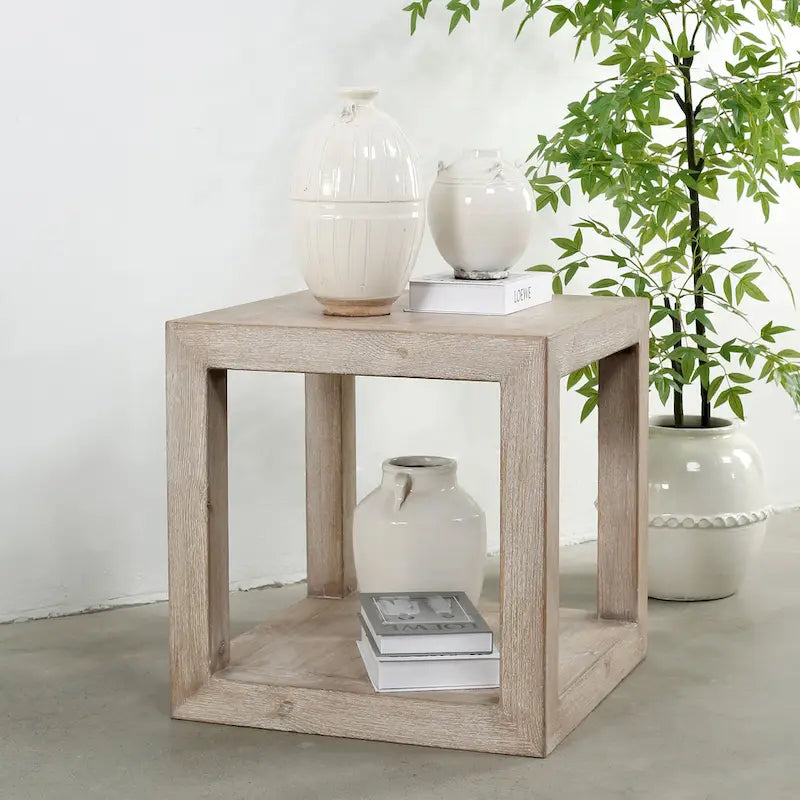 Peking Grand Framed Square Side Table, 22 Inch Tall, Weathered White Wash Finish
