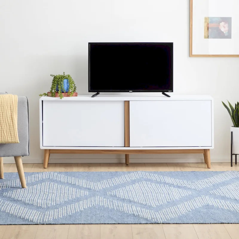 Madison Mid Century Modern TV Stand for TV's up to 65  Sliding Doors and Cable Management