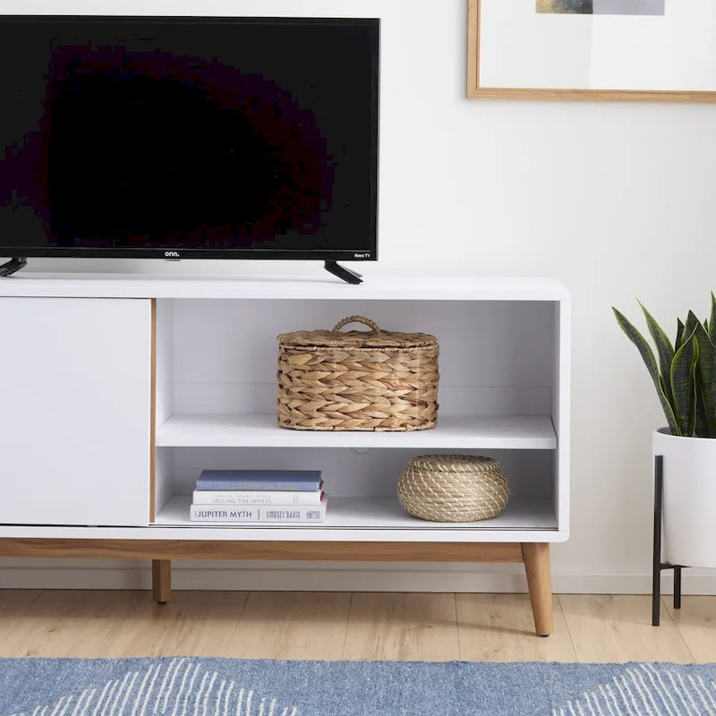 Madison Mid Century Modern TV Stand for TV's up to 65  Sliding Doors and Cable Management