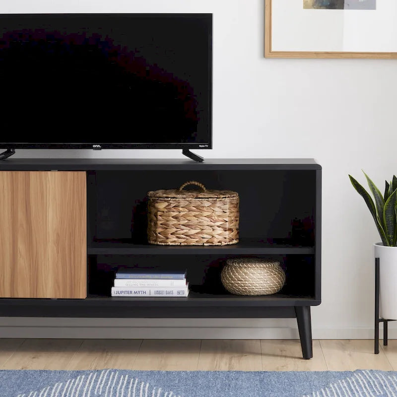 Madison Mid Century Modern TV Stand for TV's up to 65  Sliding Doors and Cable Management