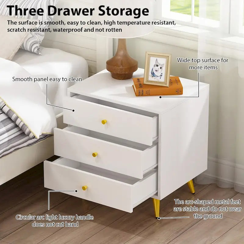 Nightstand Bedside Table 3-Drawer with Metal Legs End Table White