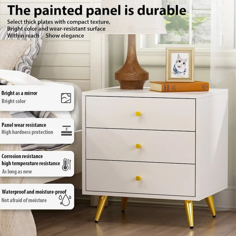 Nightstand Bedside Table 3-Drawer with Metal Legs End Table White