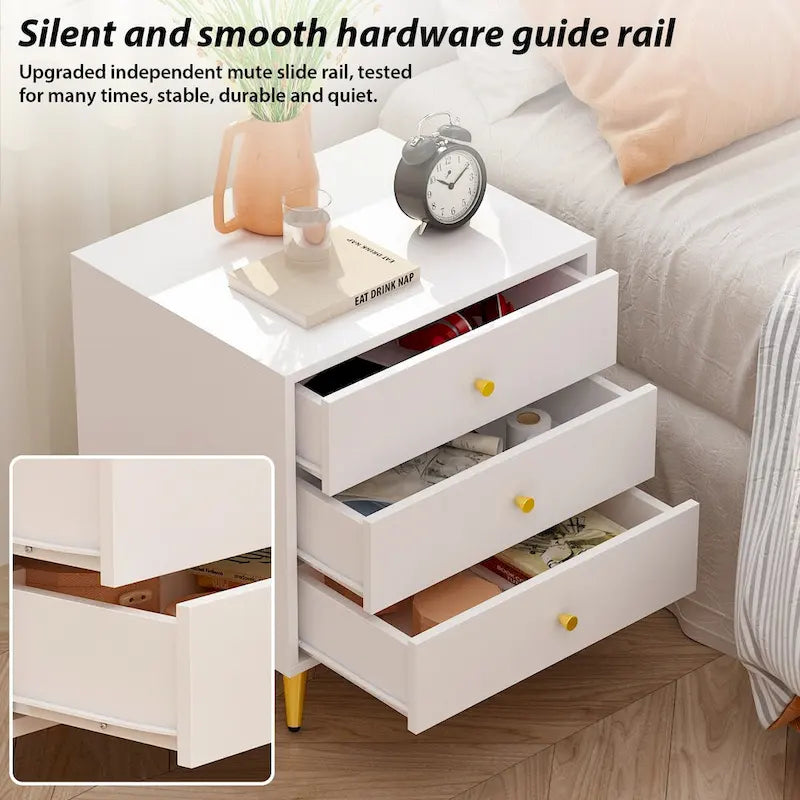Nightstand Bedside Table 3-Drawer with Metal Legs End Table White