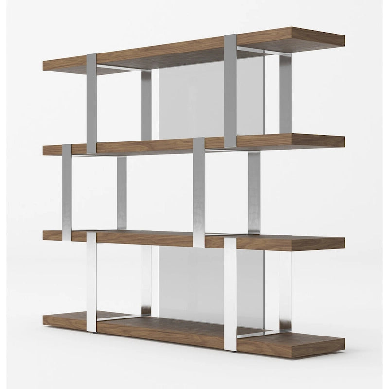 Brewer Modern Walnut Glass & Stainless Steel Bookshelf