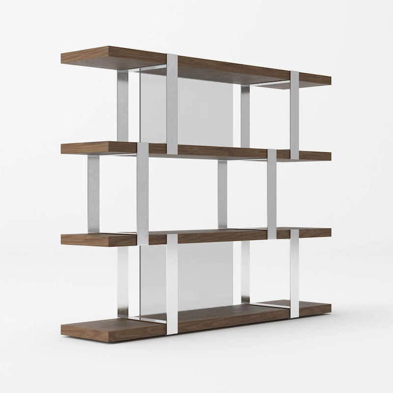 Brewer Modern Walnut Glass & Stainless Steel Bookshelf
