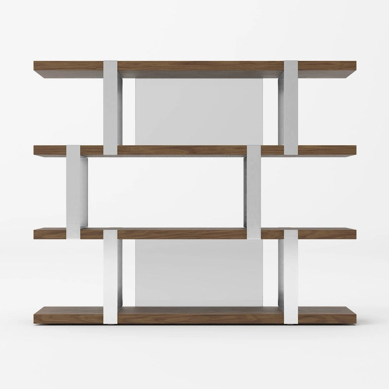 Brewer Modern Walnut Glass & Stainless Steel Bookshelf