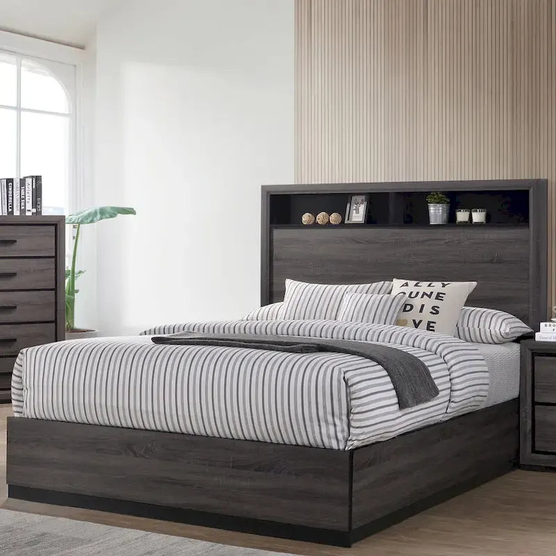 Rothwell Contemporary Grey Wood Wood 2-Piece Panel Bedroom Set with Shelves