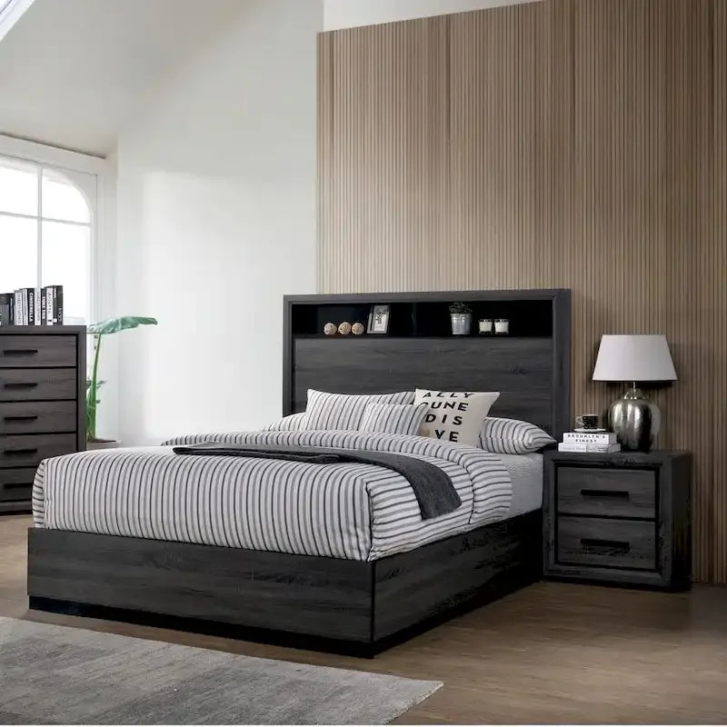 Rothwell Contemporary Grey Wood Wood 2-Piece Panel Bedroom Set with Shelves