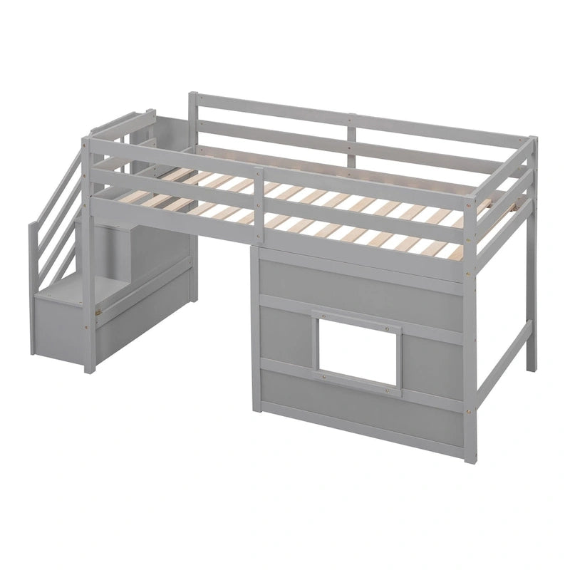 Twin Size Loft Bed with Storage Staircase and Window, Gray