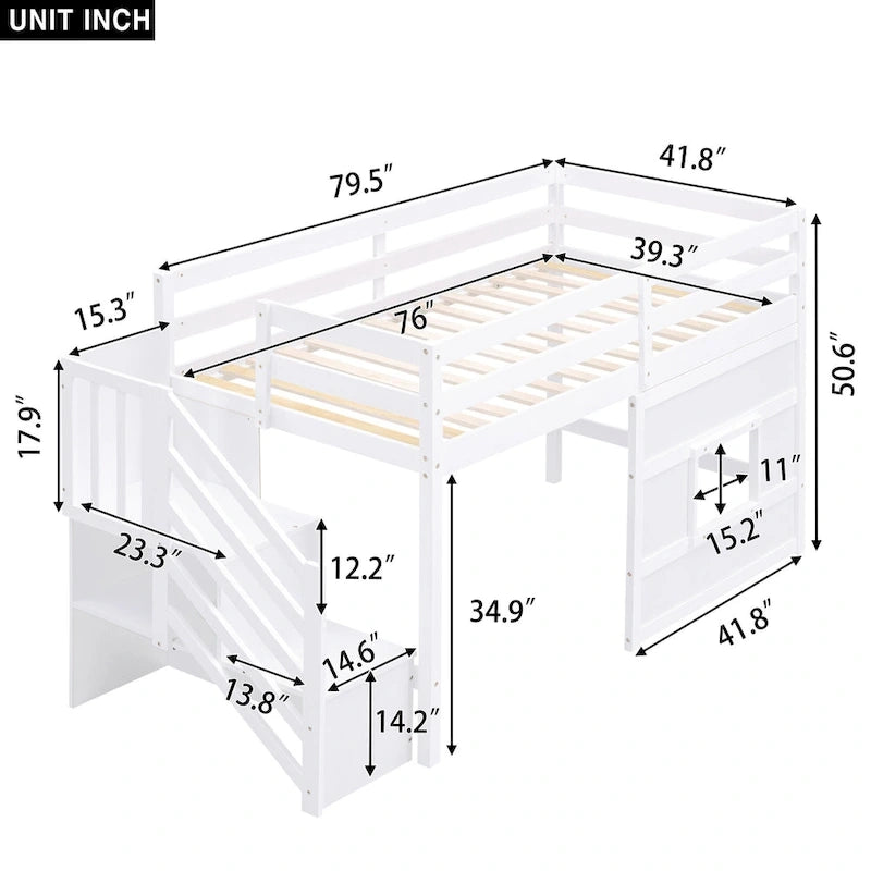 Twin Size Loft Bed with Storage Staircase and Window, Gray