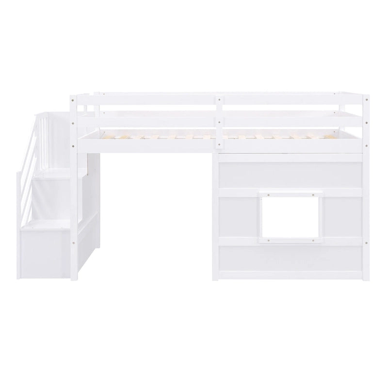 Twin Size Loft Bed with Storage Staircase and Window, Gray
