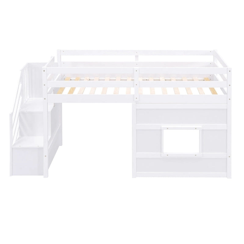 Twin Size Loft Bed with Storage Staircase and Window, Gray