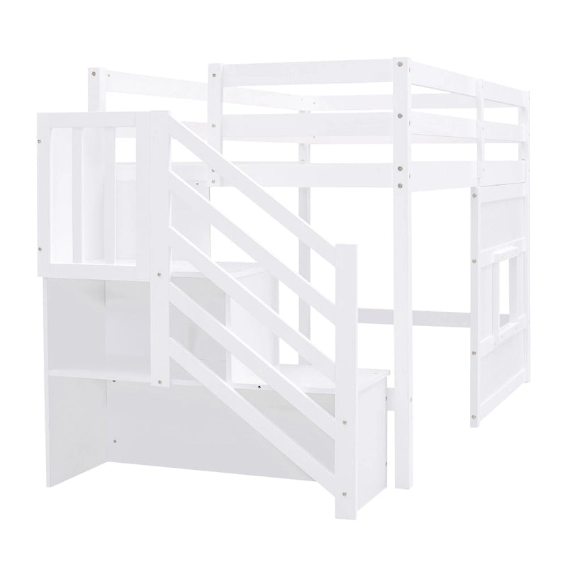 Twin Size Loft Bed with Storage Staircase and Window, Gray
