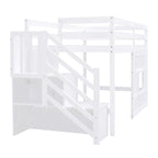 Twin Size Loft Bed with Storage Staircase and Window, Gray