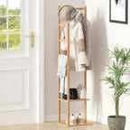 15  Wide Solid Wood Freestanding Coat Rack with Storage - Bamboo Color