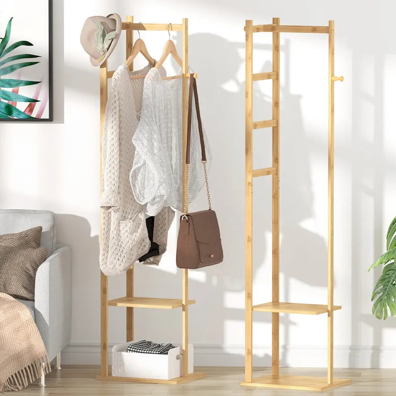 Akram Rak 15 Wide Solid Wood Freestanding Coat Rack with Storage - Bamboo Color ...