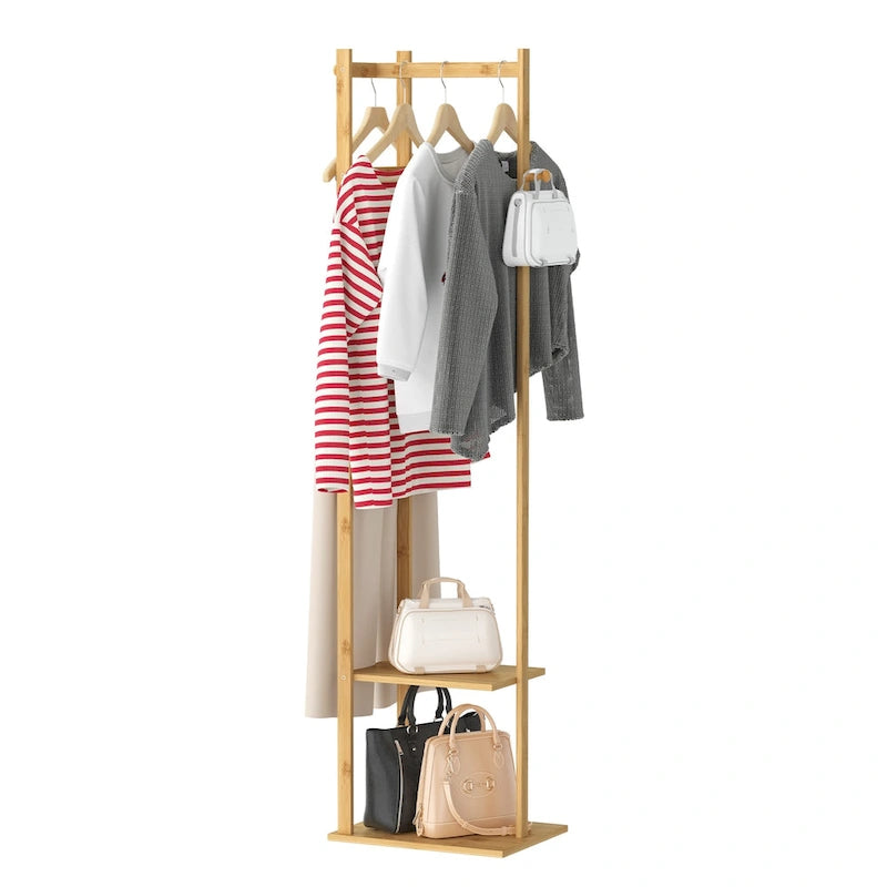 15  Wide Solid Wood Freestanding Coat Rack with Storage - Bamboo Color