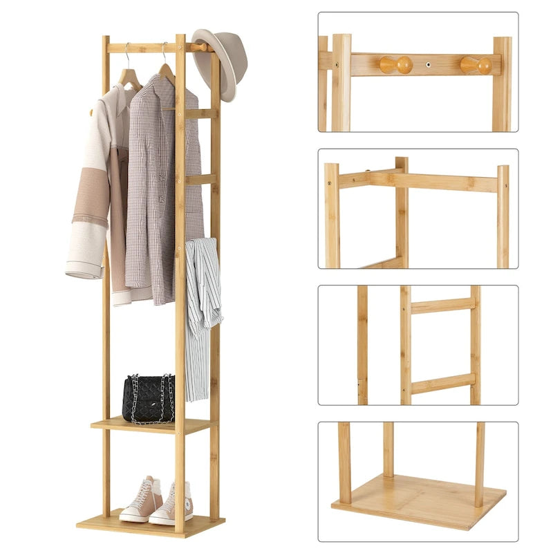 15  Wide Solid Wood Freestanding Coat Rack with Storage - Bamboo Color