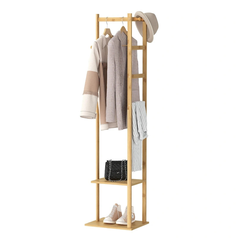 15  Wide Solid Wood Freestanding Coat Rack with Storage - Bamboo Color
