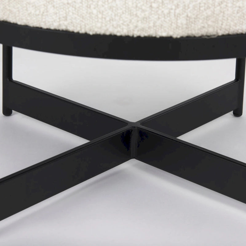 Amelia Cream Boucle Fabric with Black Metal Frame Round Ottoman