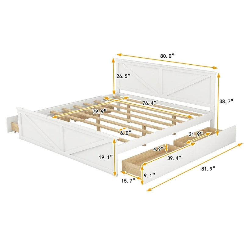 Wooden Platform Bed with Four Storage Drawers and Support Legs