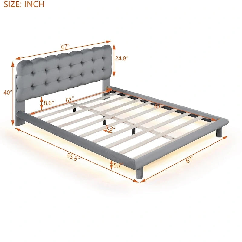Queen Size Velvet Platform Bed with LED Frame, Thick & Soft Fabric and Button-tufted Design Headboard
