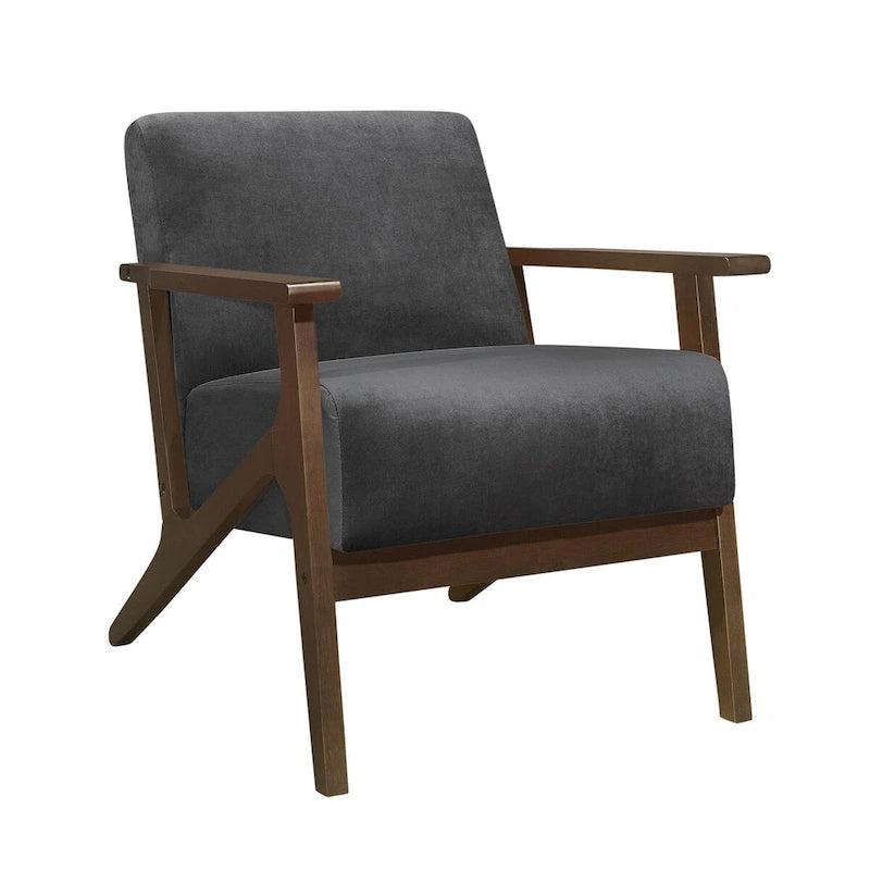 32 Inch Accent Armchair, Dark Gray Velvet, Walnut Brown Solid Wood